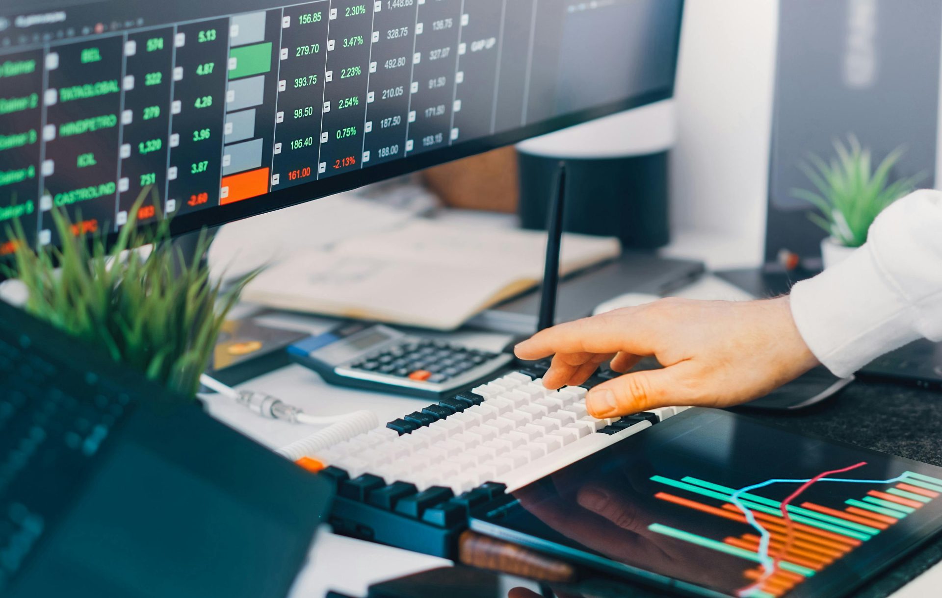 Professioneller Arbeitsbereich mit Handelscharts und Marktdaten auf Bildschirmen, ideal für Finanz- und Investmentkontexte.