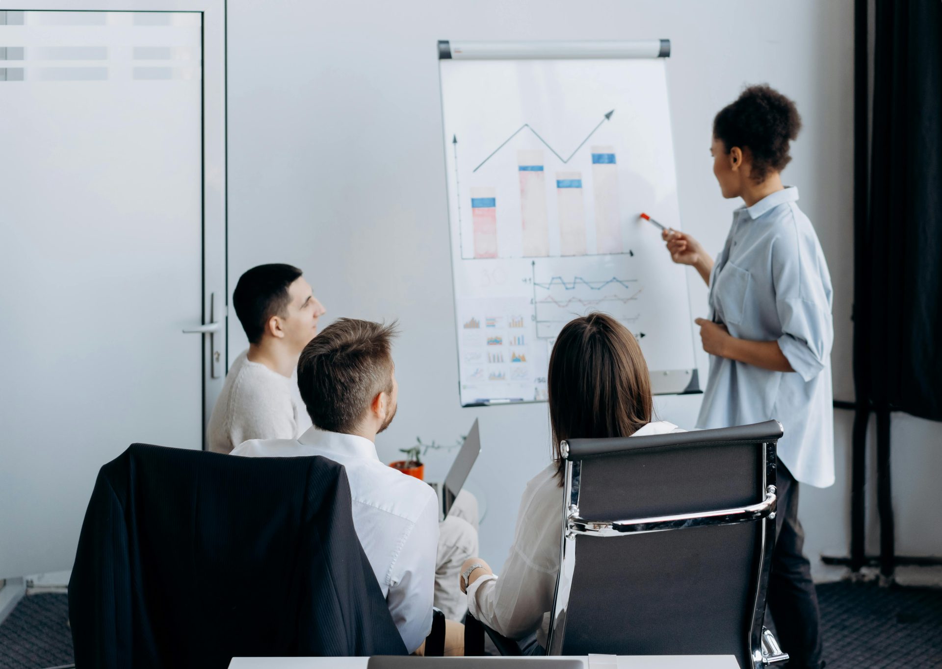 Das Business-Team bespricht mit dem Präsentator Diagramme auf einem Flipchart.